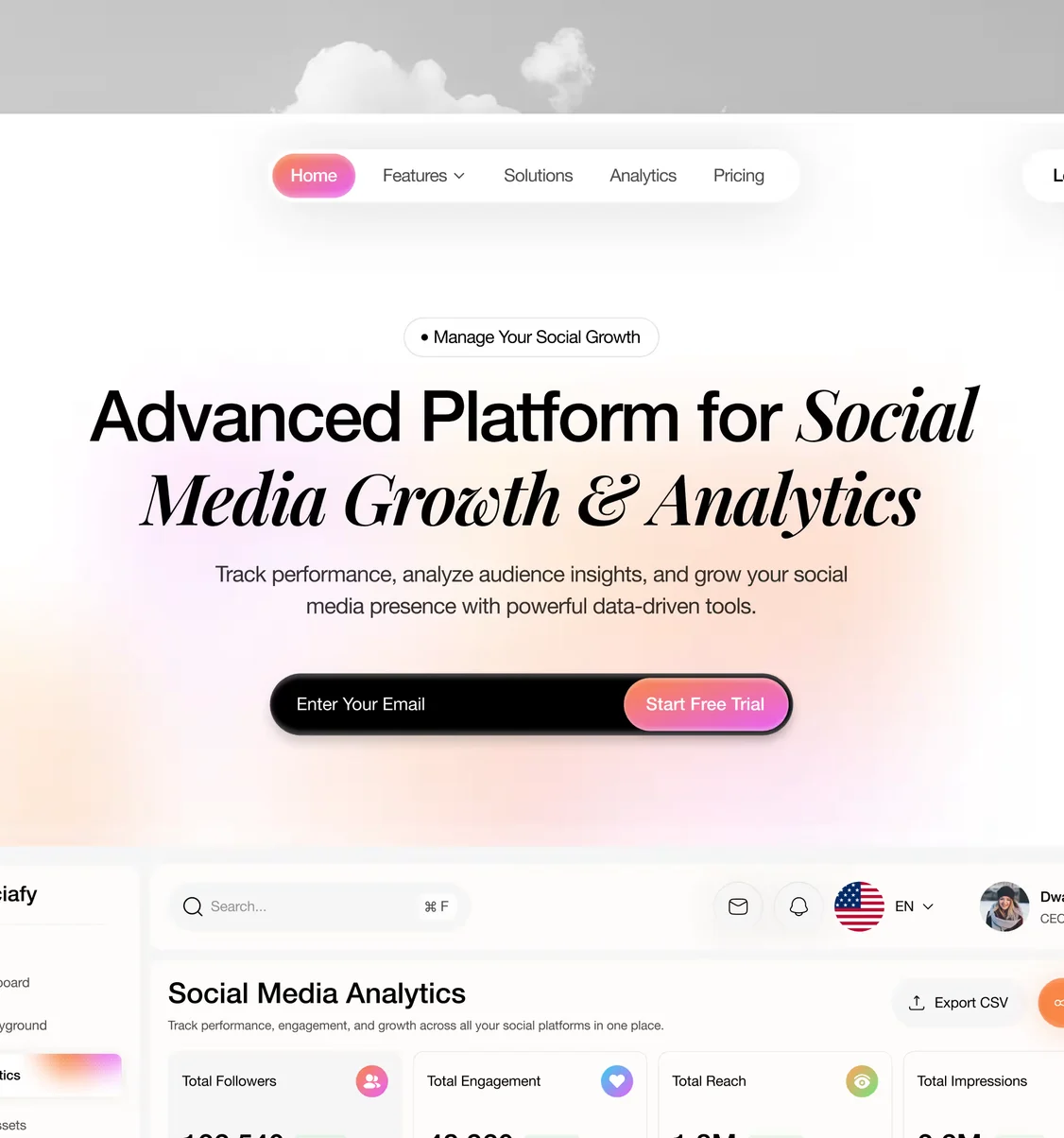 A custom product marketing site, from hero section through to its analytics dashboard
