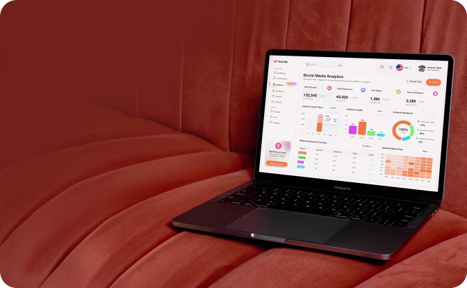 product analytics dashboard showing sales, orders, customers, marketing, and reports with charts and navigation menu.